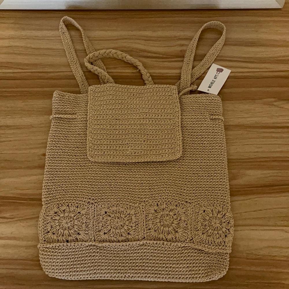 Knit Drawstring Beige Woven Backpack - image 1
